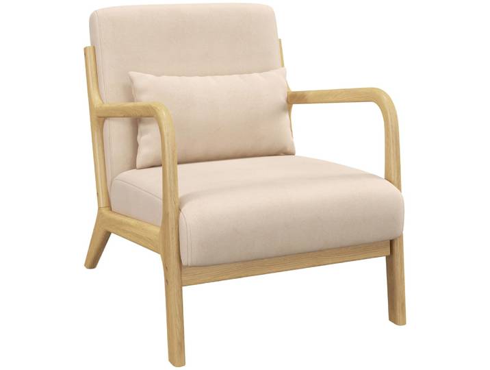 Fauteuil lounge 3 coussins bois hévéa aspect velours beige