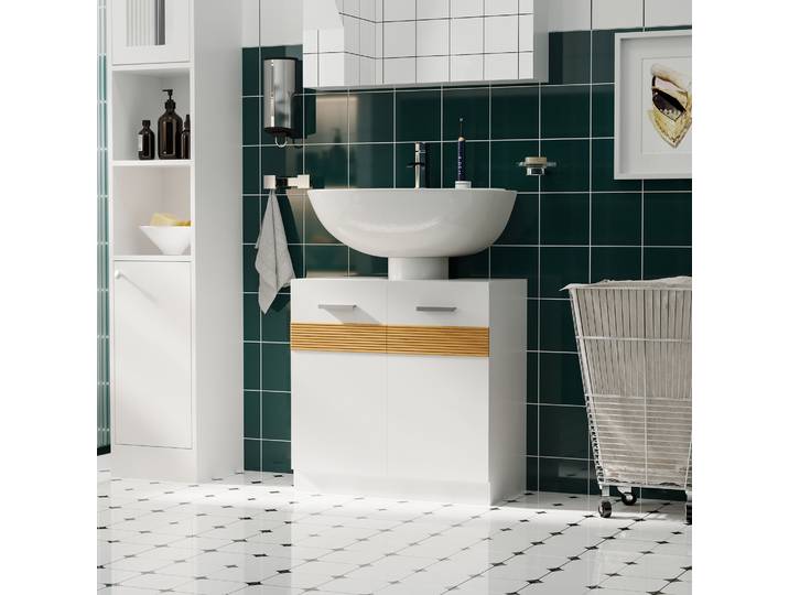 kleankin Meuble SDB Bambou Blanc Sous-Lavabo Cosy Chic