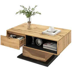 Merax Couchtisch aus Holzmaserung, mit Eine grifflose Schublade, ein Staufach und Heckstaufach,doppelseitiger Stauraum