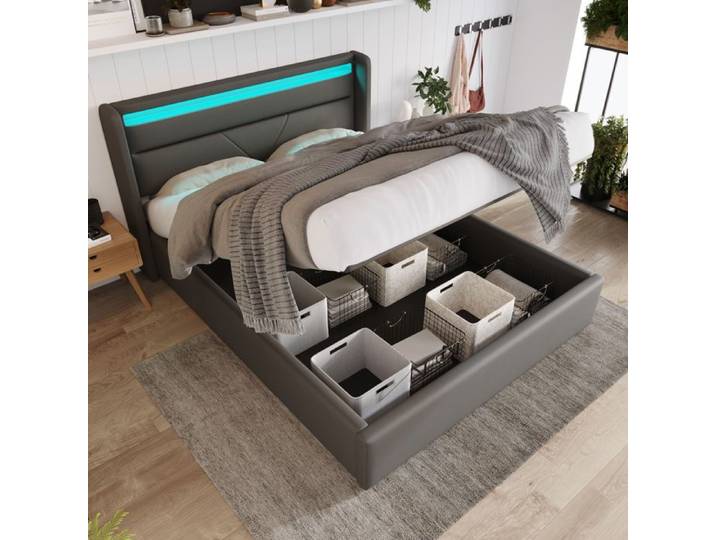 Structure de lit Haute qualité nouveau design lit de rangement hydraulique avec bande lumineuse LED cadre de lit double lit