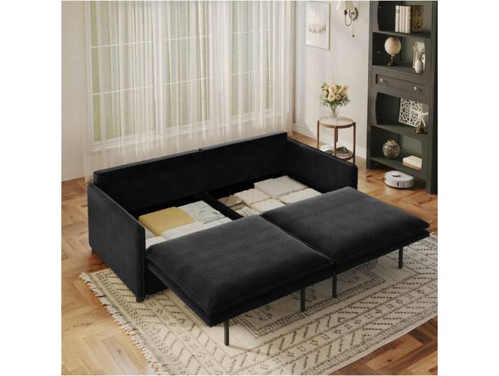 COVREO Canapé convertible 3 places 206 cm couchage dépliable coffre de rangement chenille noire