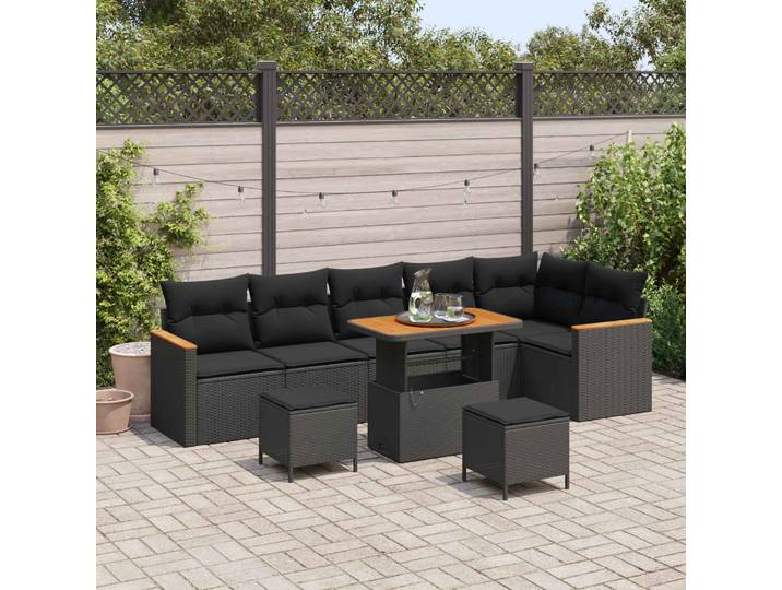 vidaXL Garten-Sofa-Set mit Kissen mit Speicher Schwarz Poly Rattan
