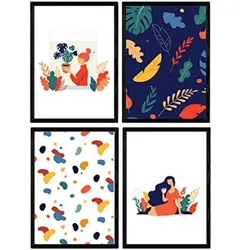POSTER Set mit 4 Frau mit Kaffee A3 Schwarzer Rahmen