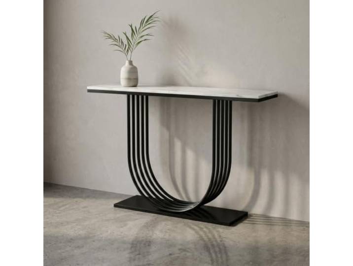 Moderner Konsolentisch, schmaler Flurtisch mit Marmor-Optik, Metallgestell Marmor-Optik, schmaler Eingangstisch, geeignet für Wohnzimmer, Eingangsbereich und Flur(Black,47.2in*11.8in)