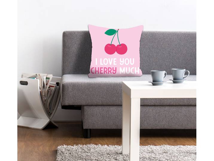 Dekokissen QUEENCE I LOVE YOU CHERRY MUCH , rosa (rosa, bedruckt), B:40cm L:40cm, Polyester, Dekokissen_Sitzkissen_Kissenhüllen, Dekokissen, Kissenhülle ohne Füllung, 1 Stück