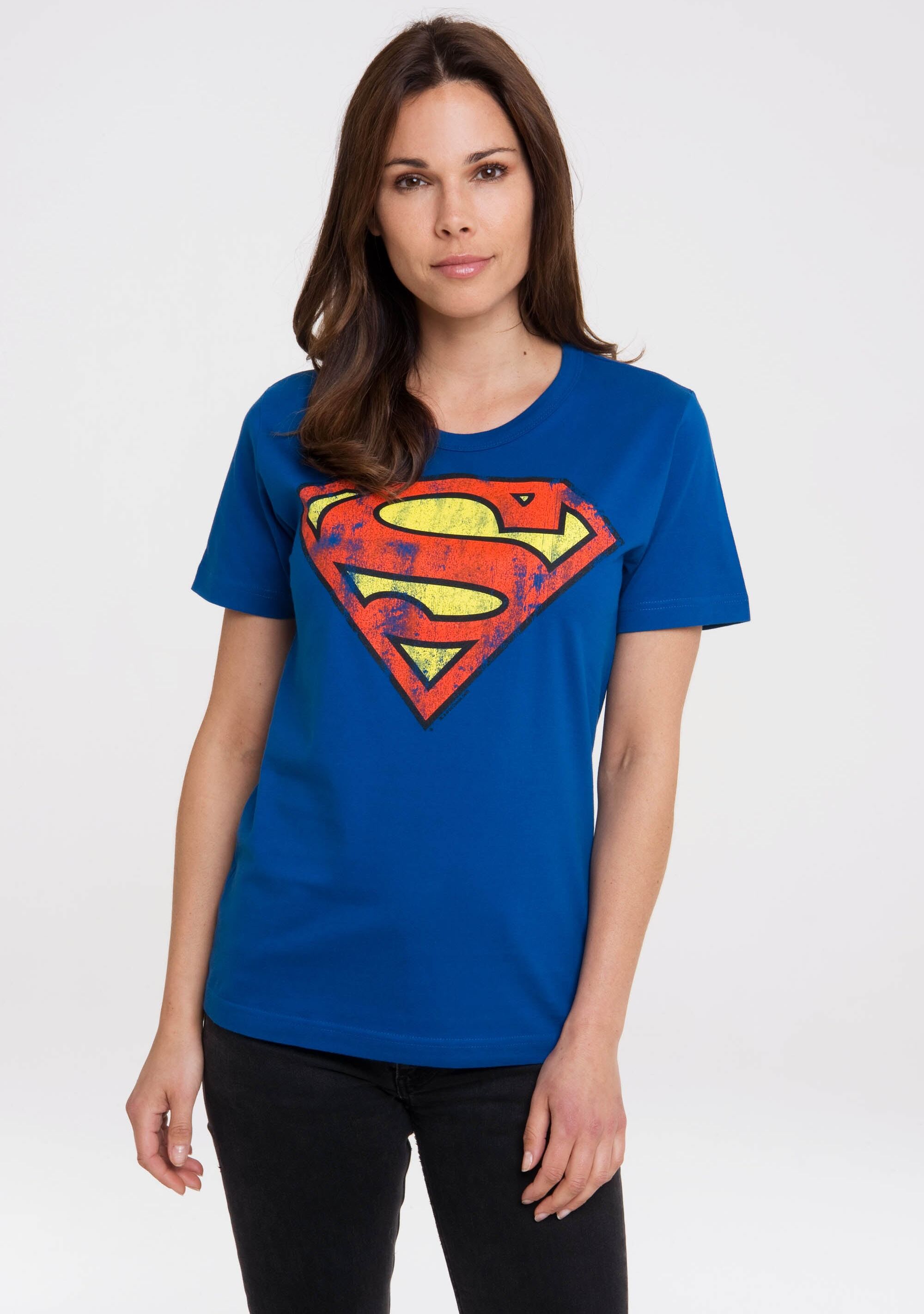 T-Shirt LOGOSHIRT "DC Comics – Superman", Damen, Gr. XS, blau, 100% Baumwolle, unifarben, normal, Rundhals, Shirts T-Shirt, mit lizenziertem Print