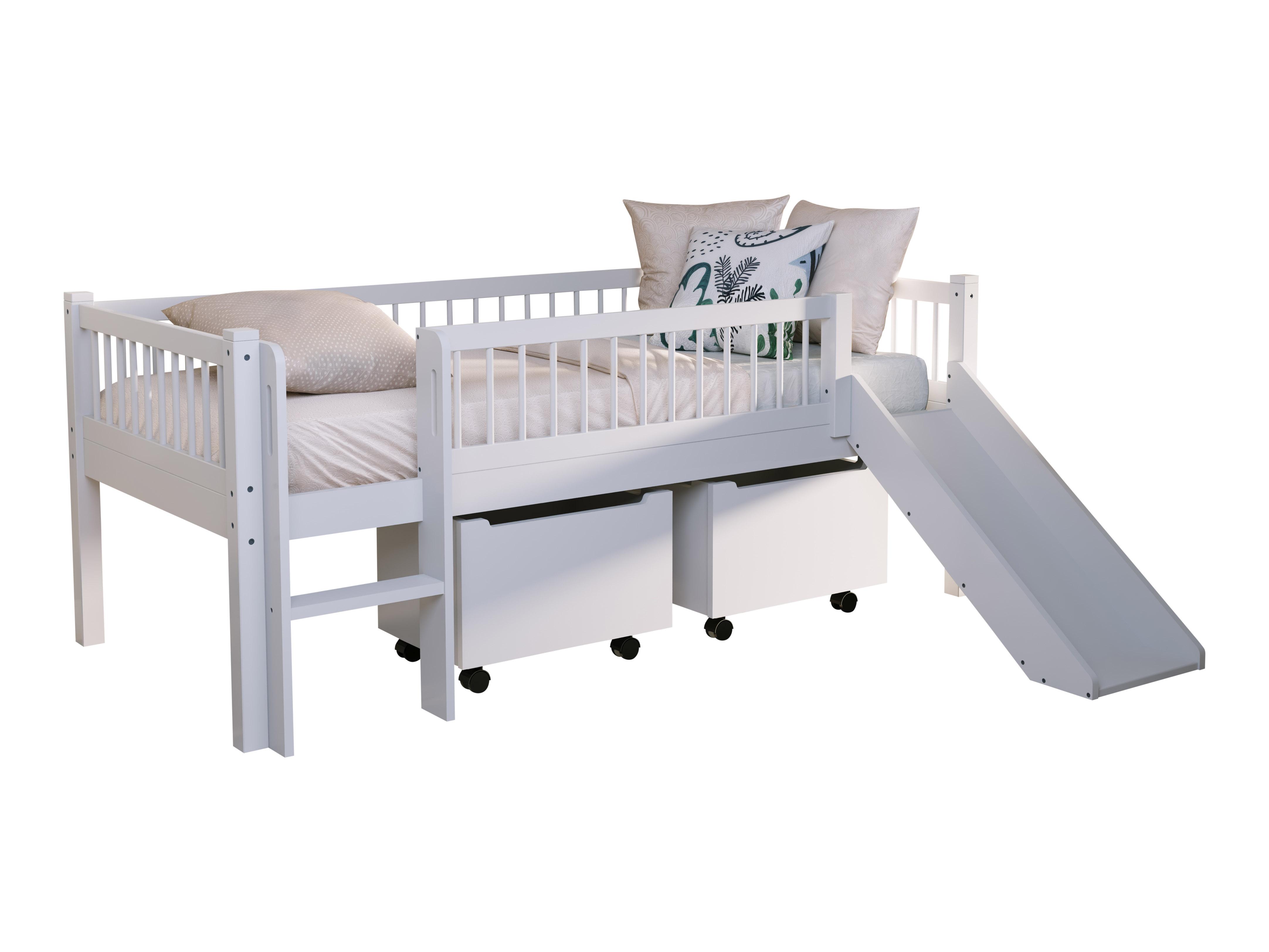 VIPACK - FORREST Buche Junior-Spielbett 90x200 cm, inkl. Lattenrost, Leiter, 2 Rollboxen und Rutsche, Buche massiv weiß lackiert