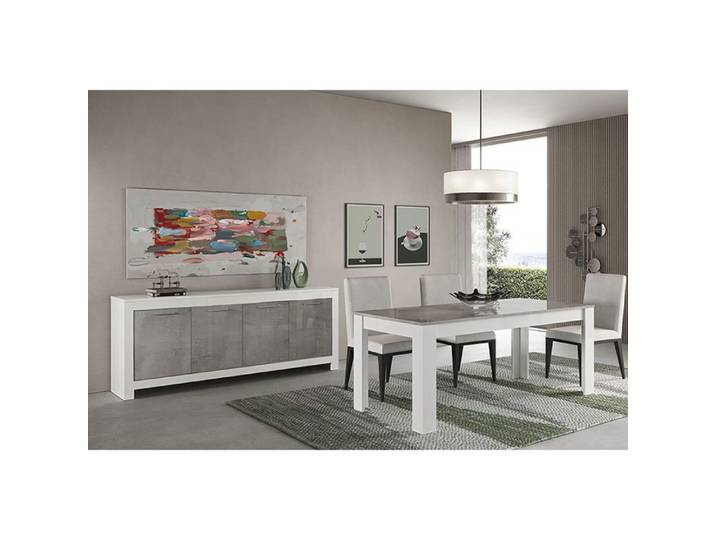 DENAE - Ensemble Séjour Blanc et Gris Marbré Table 160cm + Buffet 4 Portes