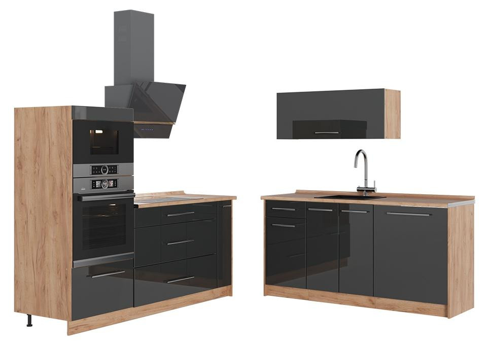 Vicco Fame-Line Keuken Antraciet Hoogglans en Goudkleurig Eiken, Breedte: 340 cm, Model 63694