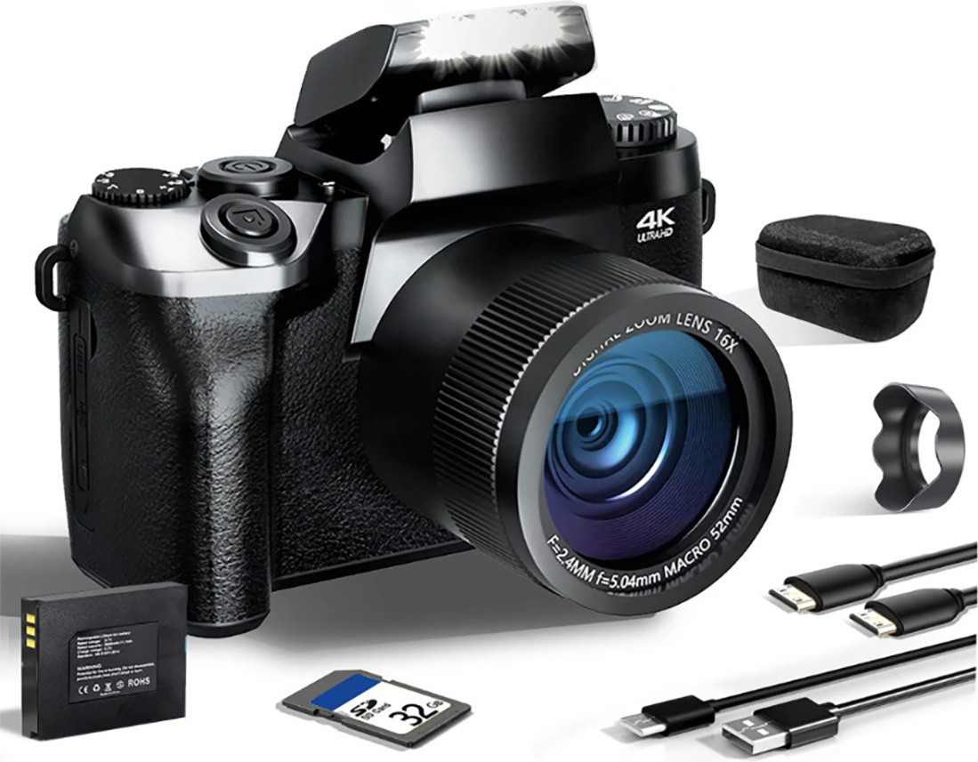 Zelurxx 4K Digitale Camera met 64MP, 4 inch scherm, Autofocus, 16x digitale zoom en Wi-Fi, zwart