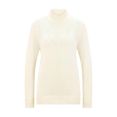 Rundhalspullover GOLDNER "Rippenpullover mit Stehkragen", Damen, Gr. 46, weiß (cremeweiß), Obermaterial: 50% Baumwolle CO. 50% Polyacryl PAN., figurumspielend, Rippbündchen, Pullover Rundhalspullover, platzierte Rippenstruktur im Vorderteil