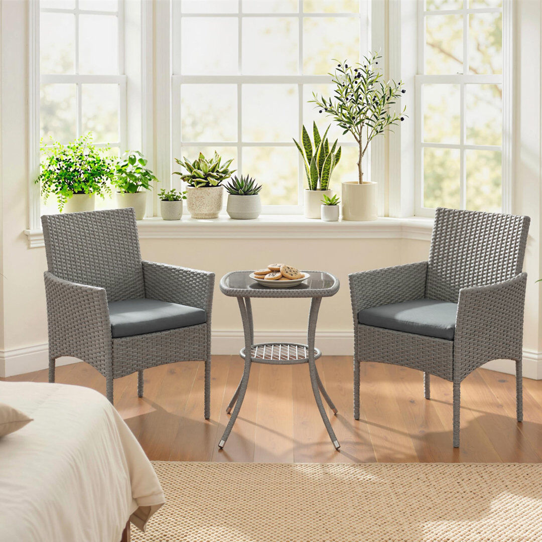 17 Stories Outsunny 3 Piece Rattan Bistro Set, PE Wicker Conversation Set Grey 2