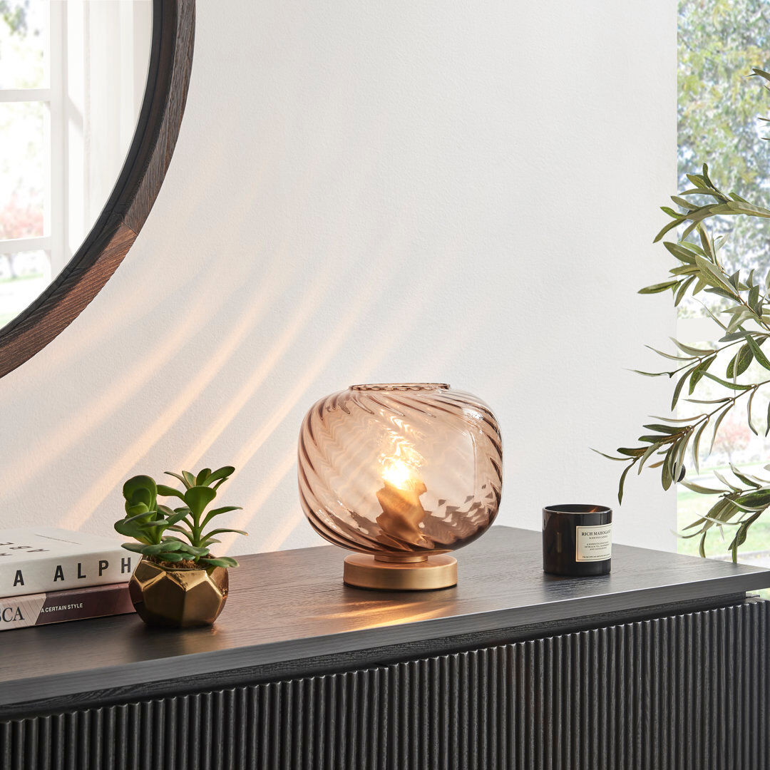 Canora Grey Arelia Small Textured Swirl Brown Glass Touch Dimmable Table Lamp - Vintage Retro Design Gold 18.5cm H X 20cm W X 20cm D