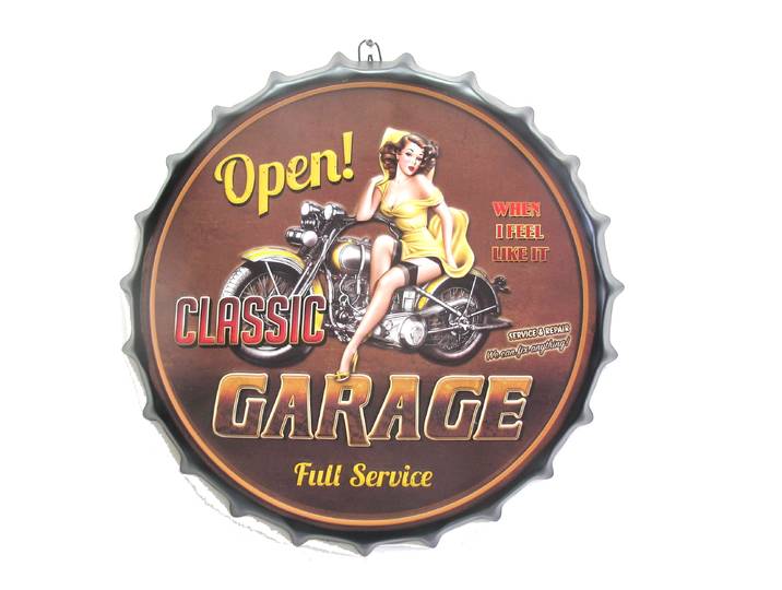 Plaque publicitaire de style Capsule avec l'inscription Open Garage .