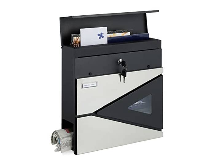 Relaxdays Boîte aux Lettres Porte-journaux\, Moderne\, fenêtre\, verrouillable\, HxLxP : 37x37x11cm\, Acier\, Noir/argenté