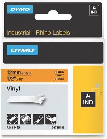 Dymo RHINO 18435 (S0718490) fita Vinilo 12mm preto sobre laranja (5,5M)