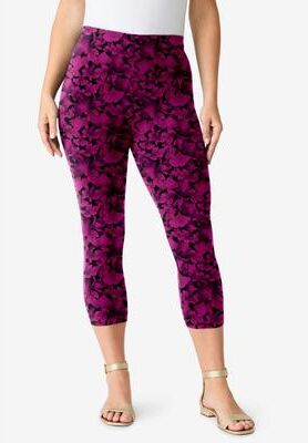 Plus Size Women's Plus Size Essential Stretch Capri Legging by Roaman's in Berry Ginko Leaves (Size 42/44) Activewear Workout Yoga Pants