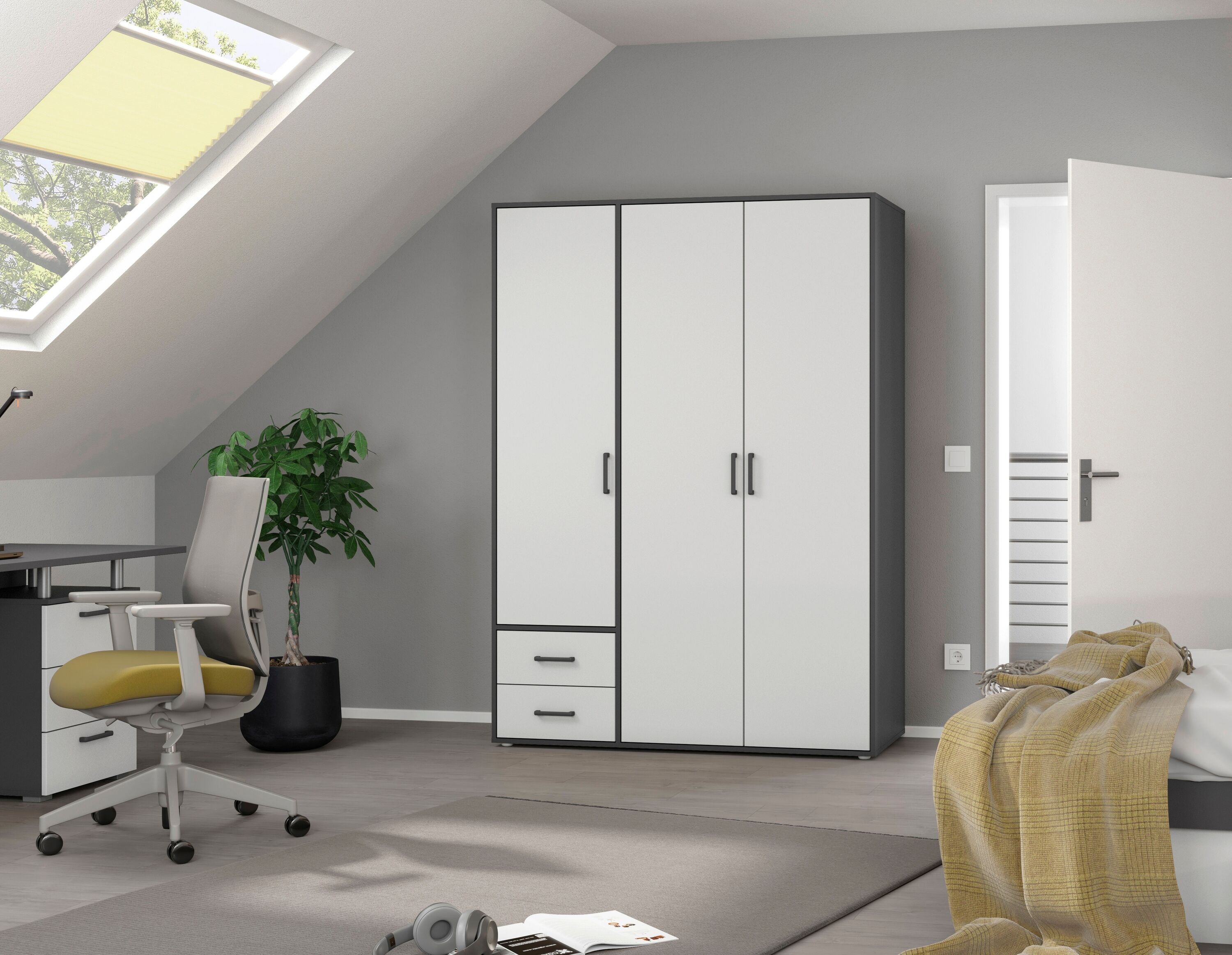Drehtürenschrank RAUCH "Kleiderschrank Schrank Garderobe Wäscheschrank VOYAGER", grau (graumetallic, alpinweiß, griffe graumetallic), B:140cm H:194cm T:53cm, Holzwerkstoff, Schränke, Drehtürenschrank, mit 2 modernen Griffvarianten, mit Aussenschubladen MA