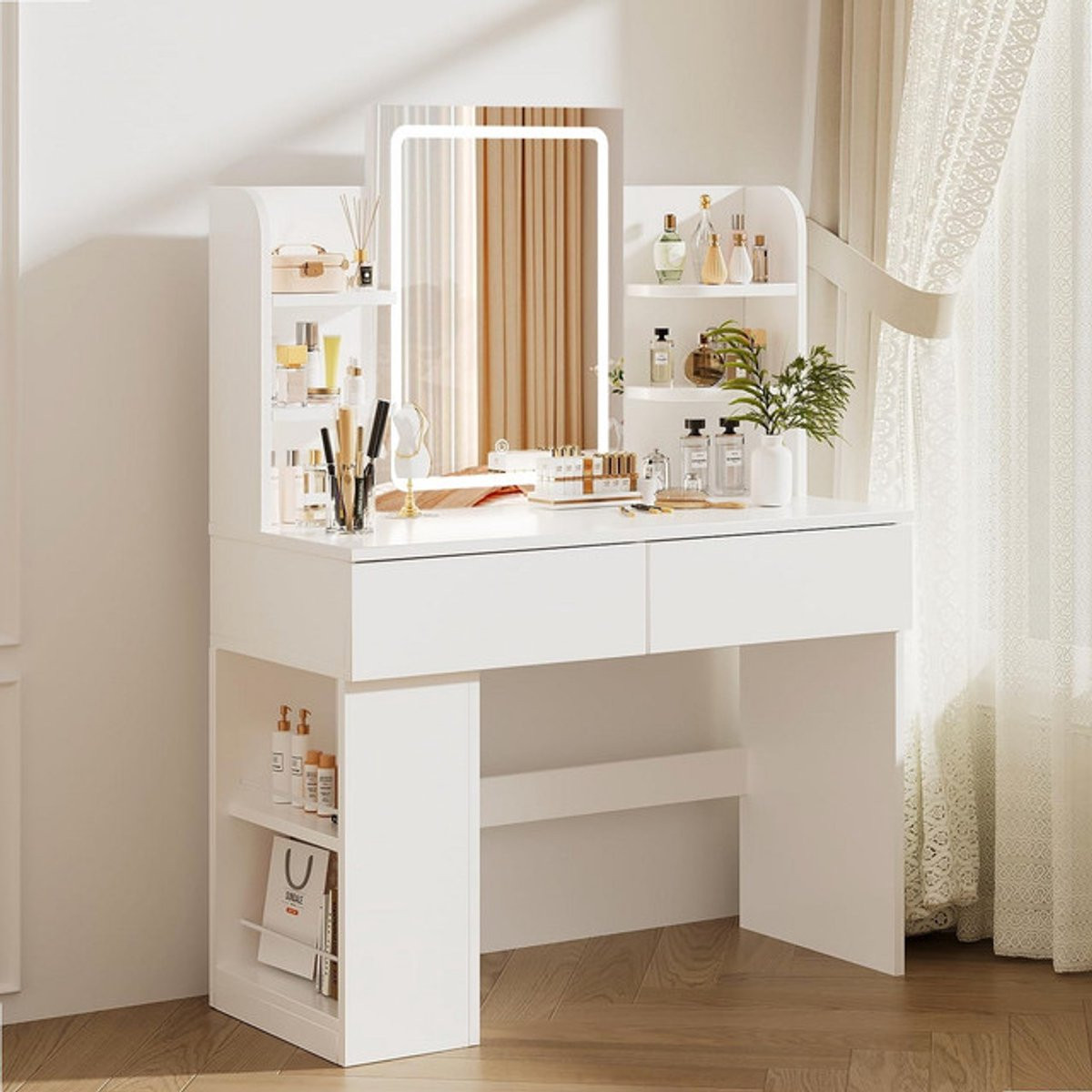 Sierra Kaptafel met Verstelbare LED Verlichting, Grote Spiegel, 2 Laden en 4 Open Compartimenten