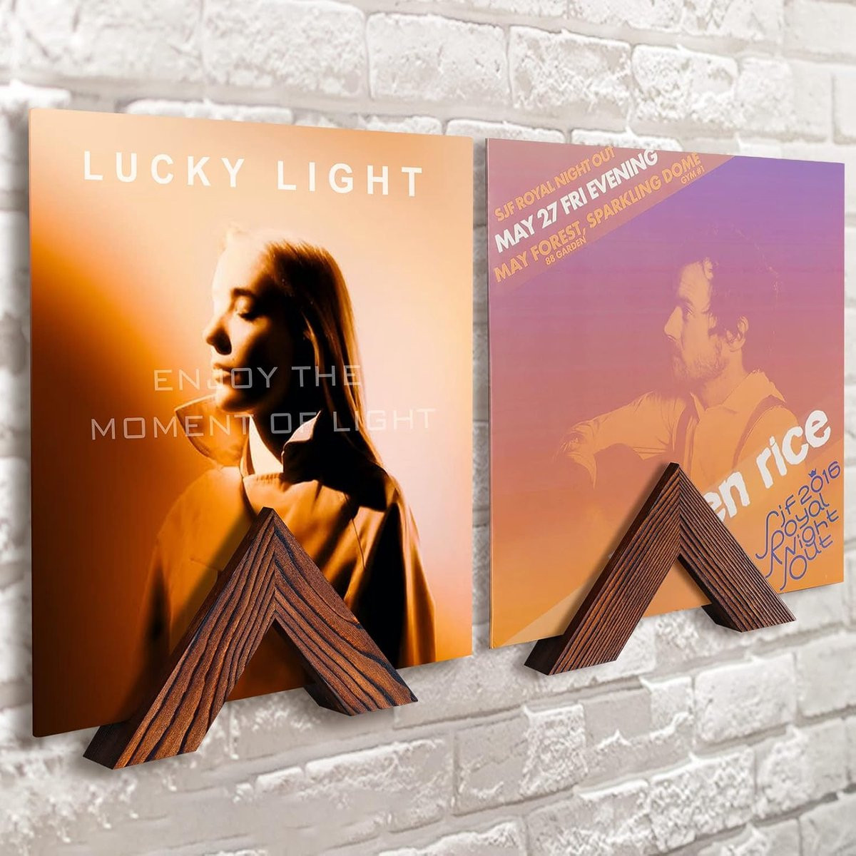 SnelShoppen Vinyl Record Houder Set van 2 - Bruine Muurhouder voor Vinyl Album Display - Pine Wood Plank met Sticky Tapes