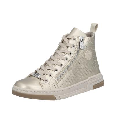Sneaker RIEKER, Damen, Gr. 42, Textil, beige (goldfarben), Lederimitat, metallic, Schuhe Sneaker, High Top-Sneaker, Freizeitschuh, Schnürschuh mit Plateausohle