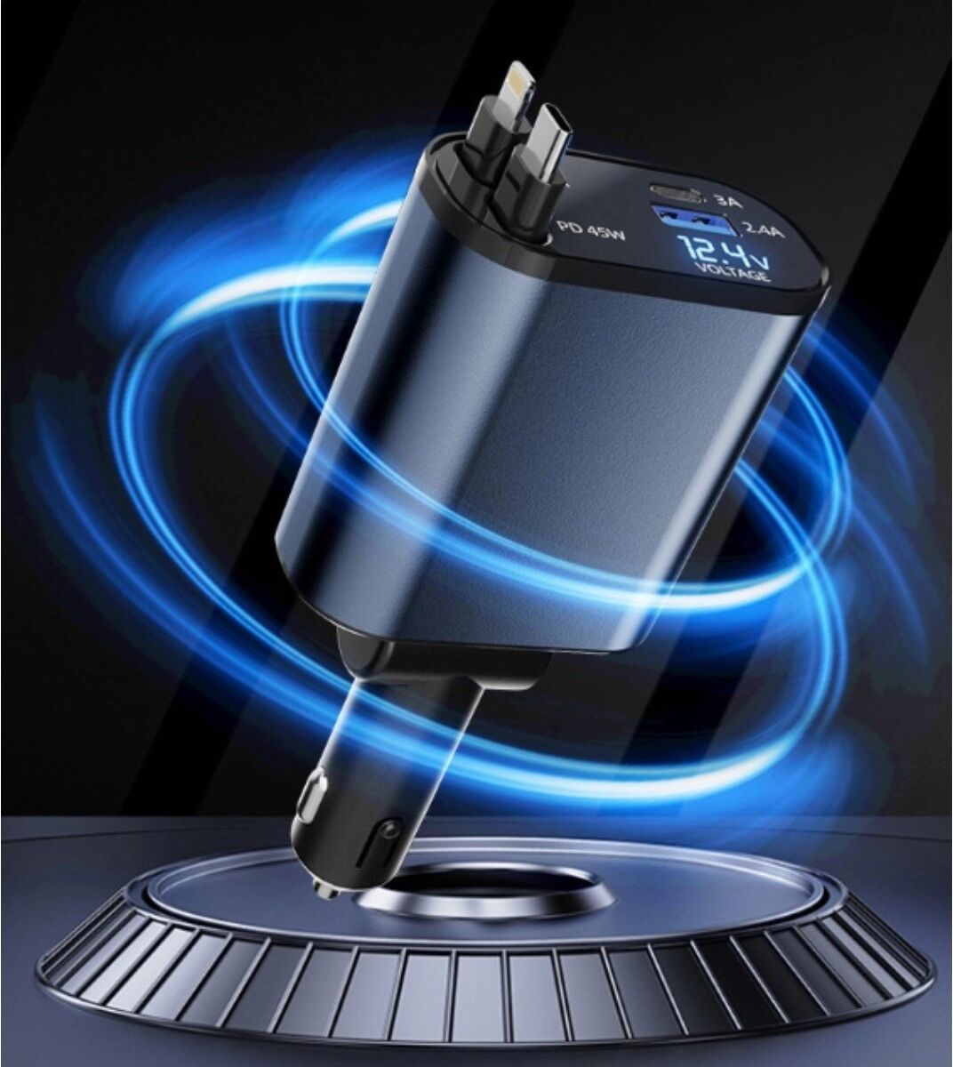 INF 45-W-Dual-USB-C-Autoladegerät mit ausziehbarem Kabel und digitaler Anzeige