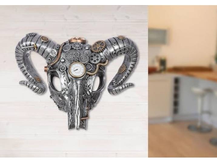 Casablanca modernes Design Wandobjekt Steampunk Buffalo, Kunstharz, silberfarben, metallische Optik, 32x40x14 cm