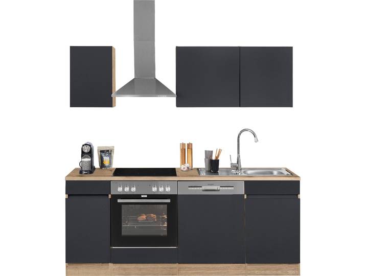 Küchenzeile OPTIFIT Roth , grau (küche: grau, front: anthrazit, korpus: wildeichefarben, arbeitsplatte: wildeichefarben), B:210cm T:60cm, Komplettküchen-Sets, Küchenzeile, Breite 210 cm, wahlweise mit E-Geräten, Push-to-Open-Funktion