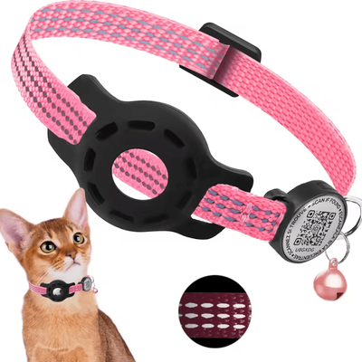 Inspire Curations SafeTrack Reflective Cat GPS Collar With AirTag Holder & QR ID Tag pink(no Tracker) airtag Not Included