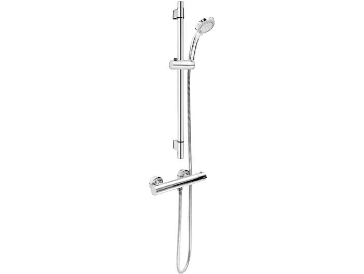 Duschsystem CORNAT Fit - verchromt - Mit Thermostatarmatur - Variabler Bohrlochabstand , grau (chrom), H:69,6cm T:6,7cm, Edelstahl, Messing, Brausegarnituren, Duschsystem, 3 Strahlarten: Normal-, Soft-, Massagestrahl - Anti-Kalk