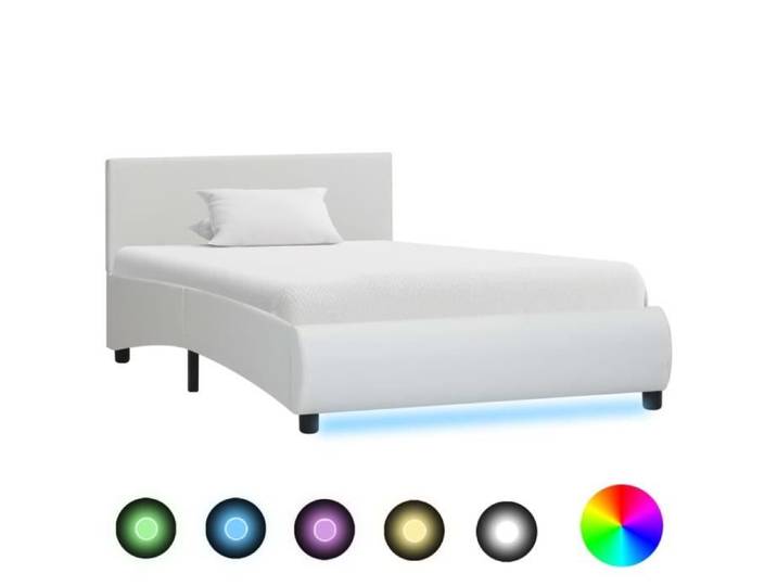 NEUF Cadre de lit 90x200cm Lit simple Structure de lit 1 personne avec LED Blanc Similicuir 1409