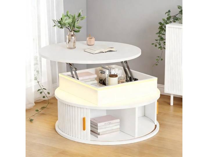 Table Basse Ronde Blanche Réglable en Hauteur 75cm avec LED et Rangement