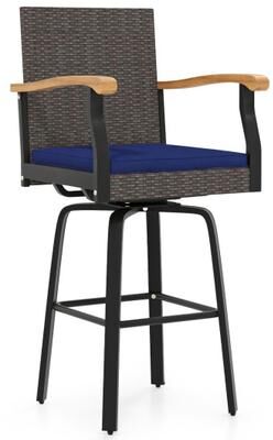 Costway Outdoor 360° Swivel Bar Stool with Cushion and Acacia Wood Armrests-F-Navy