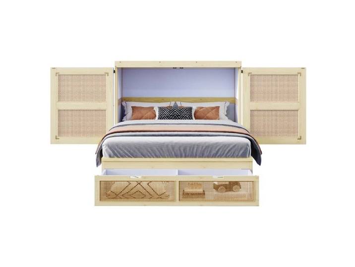 Lit Double Escamotable 140x200cm Mural Vertical Lattes Tiroirs Rangement Design Rotin Bois Coloris Bois Sans Matelas