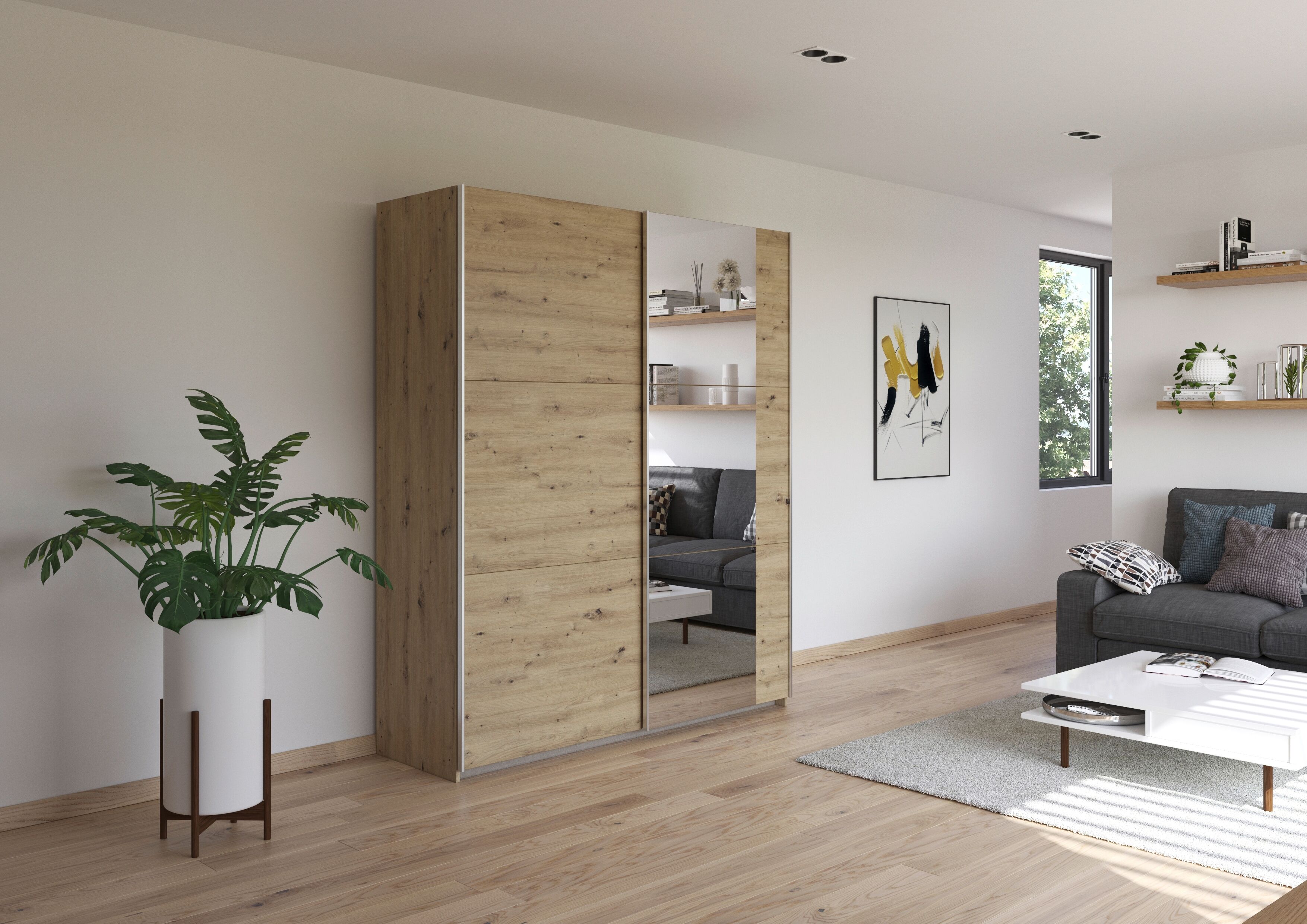 Schwebetürenschrank RAUCH "Kleiderschrank Drehtürenschrank Schrank Garderobe KRONACH", braun (eiche artisan, griffleisten alu, 1 spiegel), B:175cm H:210cm T:59cm, Holzwerkstoff, Schränke, Schwebetürenschrank, optional ohne, mit 1 oder 2 Spiegel, viel Stau