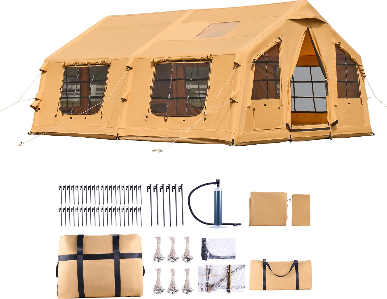 SucceBuy Aufblasbares Campingzelt für 8-12 Personen mit Handpumpe, 4,8x3,6x2,2 m Glamping-Zelt mit Oberlichtern, Vordach, Ofenöffnung, zwei Türen, Netzfenstern und Tragetasche