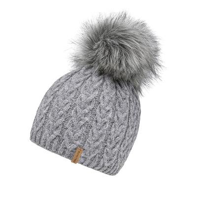 Bommelmütze CHILLOUTS "Tabea Hat", Damen, grau, Feinstrick, Materialmix, Fellimitat, Zopfmuster, meliert, unifarben, Mützen, mit abnehmbarem Kunstfell-Bommel