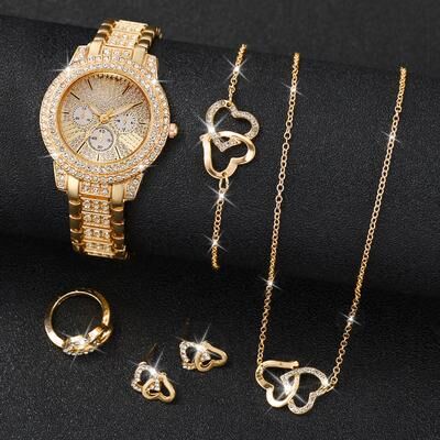 Youfap Market Ladies Fashion Luxury Three Eyes Dial Wristwatch, Full Diamond Alloy Strap With Heart Jewelry Set Ladies Fashion Luxury Three Eyes Dial Wristwatch, Full Diamond Alloy Strap With Heart Jewelry Set