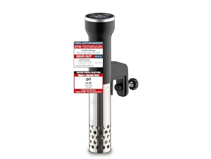 Caso SV400 Sous Vide Stick, Edelstahl, Schwarz, für Behälter bis 20l Volumen, 25-90°C in 0,5°C Schritten, IPX7, Platzsparendes Design