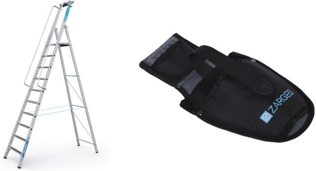 ZARGES Set Stehleiter mit Sicherheitsplattform Leiterlänge 3720 mm, 10 Stufen + Werkzeugtasche für Akkuschrauber