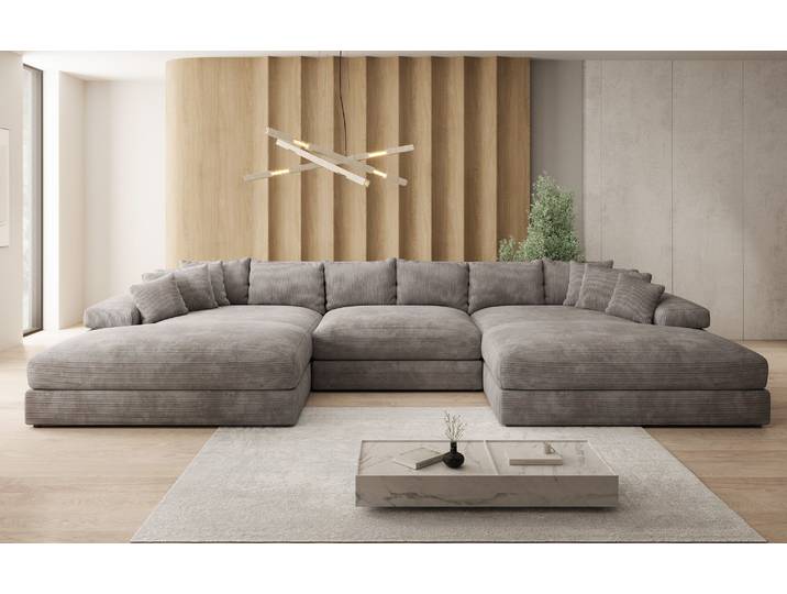 Designer Sofa Bernardo U mit breiter Ottomane in Cord - Hellgrau - Cord - Luxusbetten24