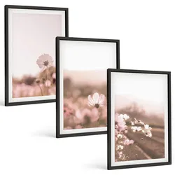 BILDER SET 3er Set - 40x60 cm Schwarzer Rahmen - Sommerlandschaften mit Wildblumenwiesen