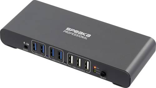 SpeaKa Professional SP-KVM-2P4K 2 Port KVM-Umschalter Grau (matt) HDMI, USB-A (USB 3.2 Gen 1), USB-A (USB 2.0), USB-C PD, RJ45