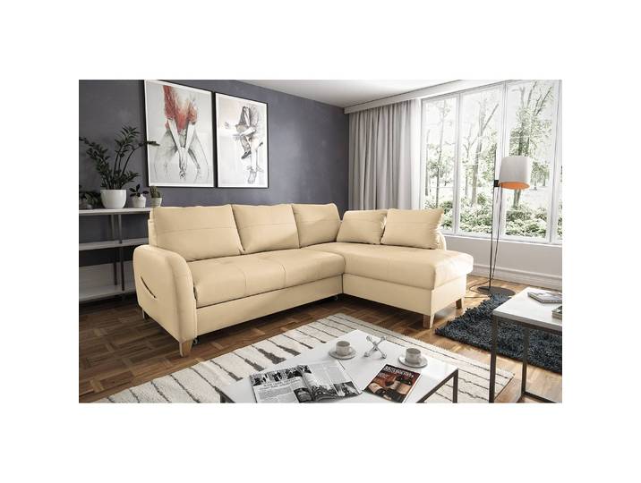 Ecksofa Monserrat Beige/Warmes Beige Korpus: Kunstleder Sitzfläche: Echtleder 227 x 82 x 170cm Longchair davorstehend rechts Schlaffunktion