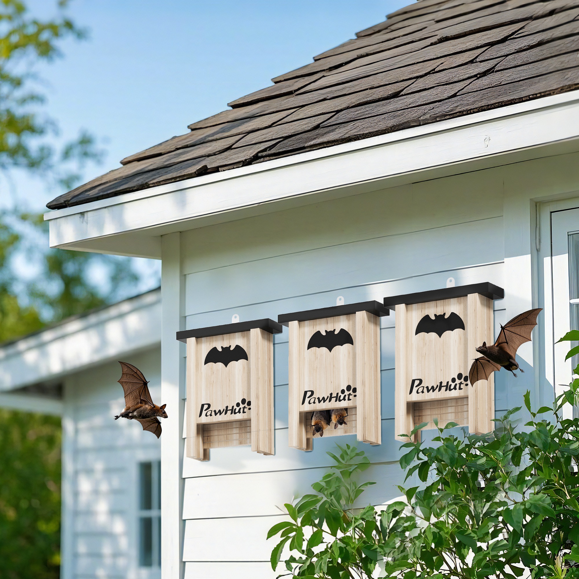 Pawhut Set di 3 Casette per Pipistrelli Bat Box in Legno di Abete, 18x6x22.5 cm, Colore Legno