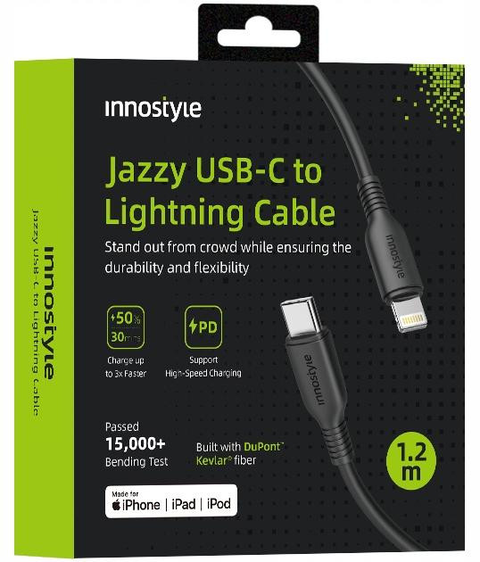 Innostyle Jazzy USB-C naar Lightning MFi snellaadkabel, 1 meter, zwart