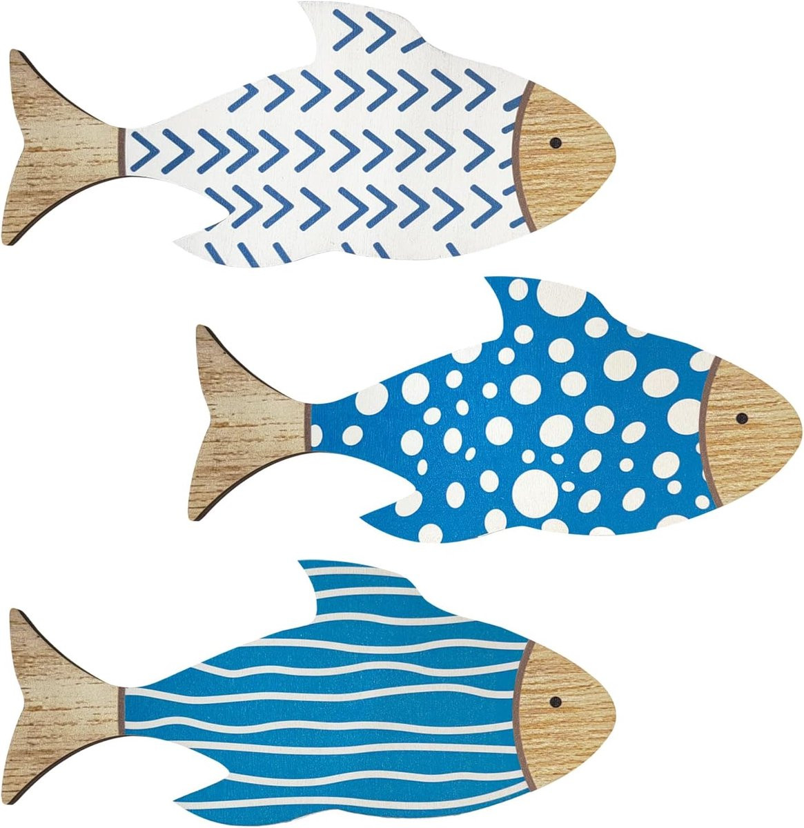 Set van 3 Houten Vissen Wanddecoratie in Vintage Strandthema