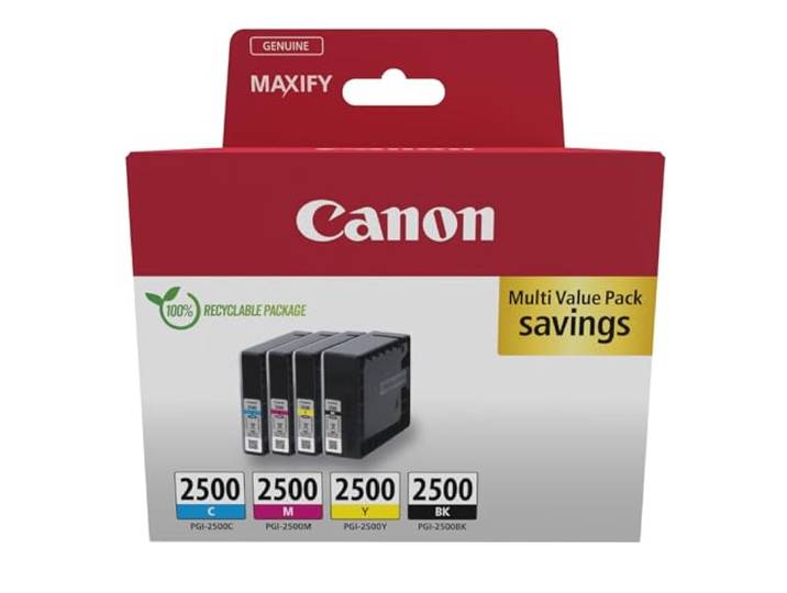 Canon PGI-2500 Genuine Ink Cartridges\, Pack of 4 (Black\, Cyan\, Magenta\, Yellow) - Cardboard Multipack