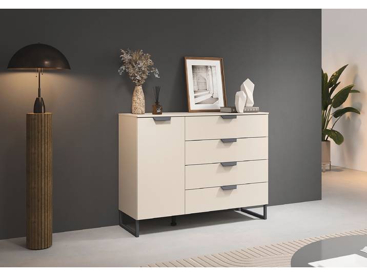 Kommode Aditio mit 1 Tür & Kufen 120 x 92 x 44cm Beige/Kaschmir