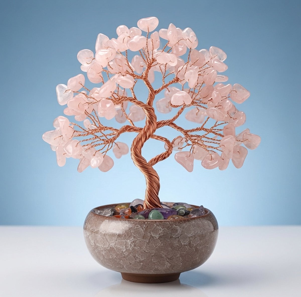 Rozenkwarts Edelsteenboom – Handgemaakte Kristallen Boom Decoratie voor Liefde en Harmonie
